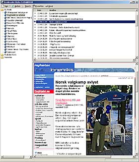 FEEDREADER: Slik ser det ut n�r jeg leser RSS-nyheter i programmet FeedReader. Til venstre er kildene jeg abonnerer p�. Til h�yre �verst er nyhetssakene, og til h�yre nederst er selve websiden med artikkelen dersom jeg velger � klikke p� linken. Ikke ulikt det mange er vant til fra Outlook.