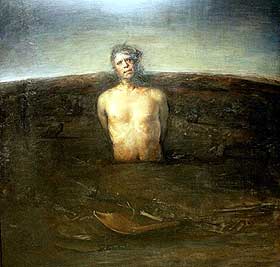 MED TORNEKRANS: �Oppstandelsen� er Odd Nerdrums hovedverk p� utstillingen p� Haugar Kunstmuseum i T�nsberg. Det kan sees som en kommentar til hvordan Nerdrum har opplevd medienes h�ndtering av ham, og hvordan han har sett gamle venner og allierte falle ham i ryggen.