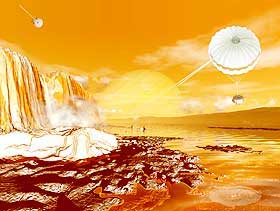 M�NELANDING: Slik h�per astronomene at landingsfart�yet Huygens lander p� Saturn-m�nen Titan i januar. Bildet er en illustrasjon.
