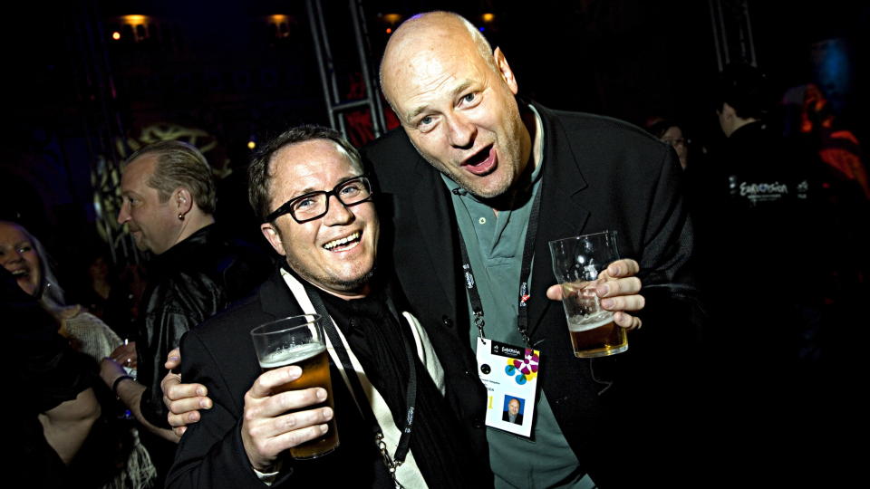 GAMLEDAGER: Jostein Pedersen og Per Sundnes under MGP i Helsinki i 2007. I dag ble det kjent at NRK dropper planer om � engasjere Pedersen etter at han gjentatte ganger har langet ut mot MGP-programleder Sundnes. Foto: Anders Gr�nneberg/Dagbladet
