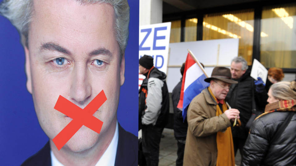 I RETTEN: Geert Wilders m�tte onsdag i retten i Nederland, tiltalt for hatefulle ytringer mot muslimer. Om lag 200 personer samlet seg utenfor retten for � vise sin st�tte til politikeren. Foto: REUTERS/Toussaint Kluiters/United Photos/SCANPIX