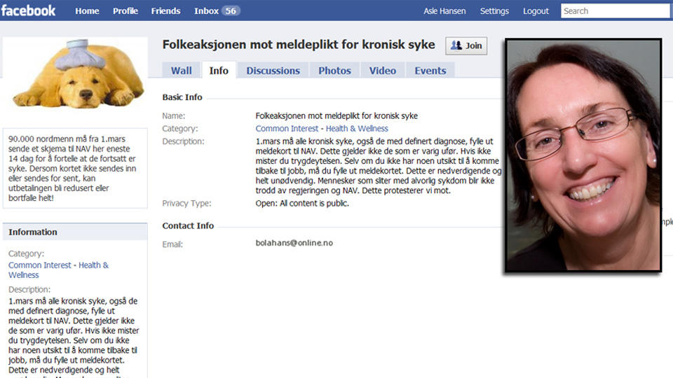 OPPR�R: Nakkeslengrammede Nina Egedius (52) er en av over 20.000 medlemmer av ei Facebook-gruppe som reagerer p� at kronisk syke skal ha meldeplikt overfor Nav hver 14. dag fra 1. mars. Foto: Faksimile fra Facebook/Privat