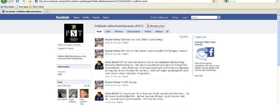 RASER: Arfan Bhatti har de siste dagene skrevet flere kritiske innlegg p� facebooksiden til Politiets sikkerhetstjeneste. Foto: Skjermdump fra Facebook.