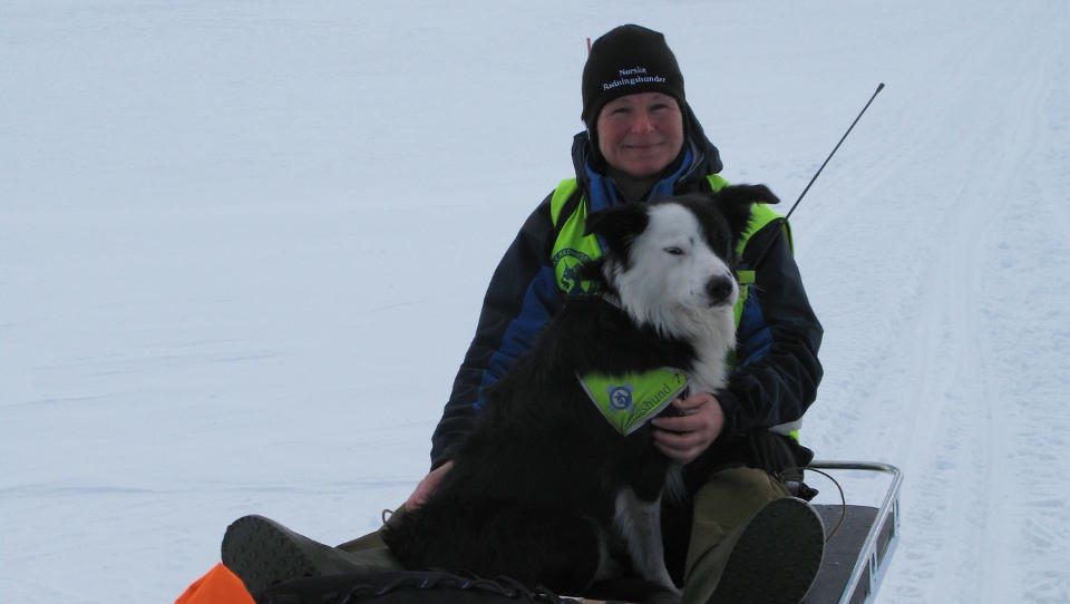 FANT FORFROSSET MANN: Redningshunden Sjakk og Susanne Bengtsson. Foto: Norske Redningshunder