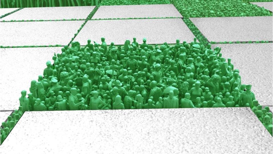 TRANGT OM PLASSEN: Den koreanske kunstneren Do Ho Suh har vunnet konkurransen om � smykke ut det nye regjeringsbygget i Teatergata. Sm� gr�nne mennesker skal fylles i huller p� plassen foran bygget. Illustrasjon: KORO