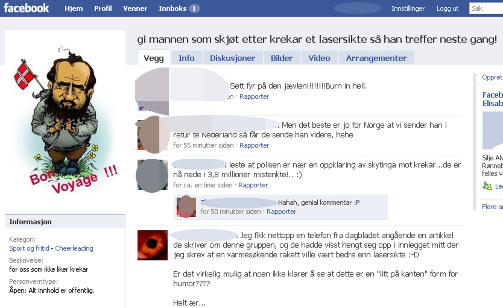 FACEBOOK-GRUPPEN: Denne hatgruppen p� nettstedet Facebook heter Gi mannen som skj�t etter Krekar et lasersikte s� han treffer neste gang! FAKSIMILE: Facebook