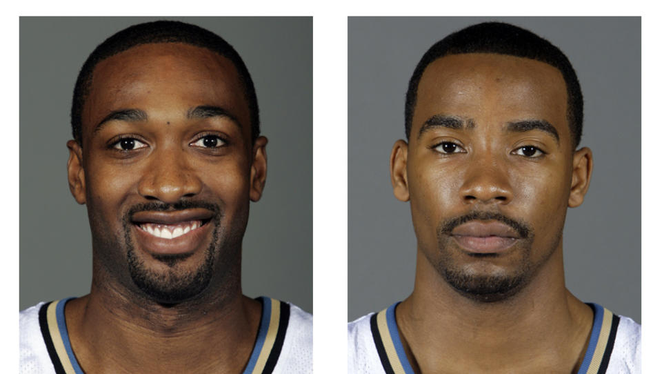 INGEN GRUNN TIL BEGEISTRING: Washington Wizards-spillerne Gilbert Arenas og Javaris Crittenton er utestengt for resten av sesongen etter at de trakk v�pen mot hverandre i garderoben.Foto: SCANPIX/AP/Haraz N. Ghanbari