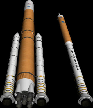 REALISERES IKKE: Den kraftige arbeidshesten Ares V (t.v.) og Ares I var b�rebjelkene i USAs Constellation-program og m�nereturen. De kom aldri forbi tegnebrettet. Grafikk: NASA