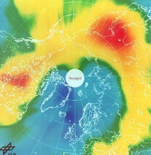 FEBRUAR 1996: Hull i ozonlaget over Nordpolen sett fra den europeiske satellitten ERS-2. St�rrelsen p� hullet kan variere mye bare p� f� dager. Foto: SCANPIX
