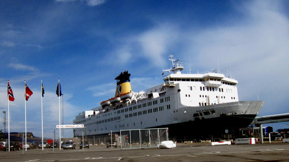FORTSATT I OPPLAG: Den tidligere Kystlink-traveren Pride of Telemark er ikke lenger aktuell for den nyoppstartede ruta mellom Kristiansand og Hanstholm.  Ferja liggter i opplag i Sandefjord. Foto: Eivind Pedersen