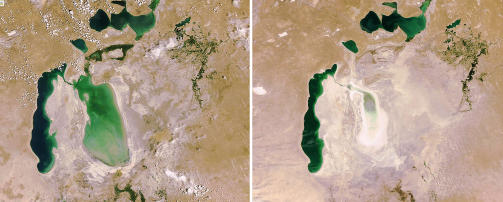 FORSVINNER: ESA-satellitten Envisat gir uvurderlig kunnskap og data om milj�et. Dette f�r- og etterbildet viser hvordan Aralsj�en - som en gang var verdens fjerde st�rste innsj� - krympet i �ra mellom 2006 og 2009. Foto: AFP/ESA/SCANPIX
