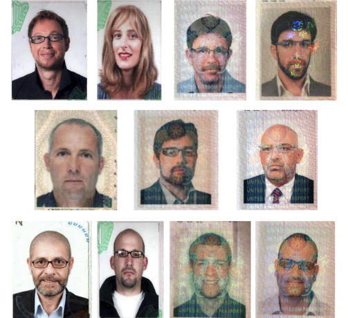 FALSKE IDENTITETER: Dette er navn og bilde p� de 11 mistenkte som ble offentliggjort tidligere denne uka. Fra venstre: Evan Dennings (irsk), Gail Folliard (irsk), James Leonard Clark (britisk), Jonathan Louis Graham (britisk), Michael Bodenheimer (tysk), Paul John Keeley (britisk), Michael Lawrence Barney (britisk), Peter Elvinger (fransk), Kevin Daveron (irsk), Melvyn Adam Mildiner (britisk), Stephen Daniel Hodes (britisk). Foto: AP Photo/Dubai Ruler's Media Office/SCANPIX