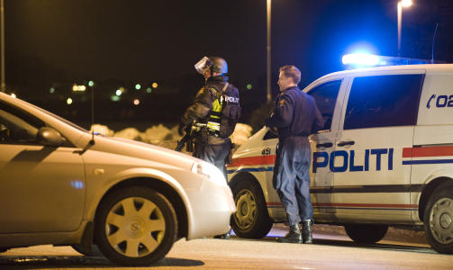  STORAKSJON:  Fra Voll i natt, der politi med v�pen og hunder lette etter den bev�pnede mannen som stakk av etter � ha kj�rt en stj�let politibil ut p� et jorde. FOTO: THOMAS WALLERUD FOSSE.