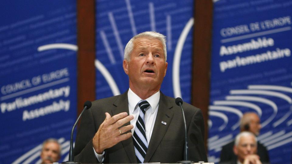 EUROVISJONER: Thorbj�rn Jagland var p� Brusselbes�k denne uka, for � snakke om menneskerettigheter. Her er han p� talerstolen i Europar�det etter at han ble valgt til organisasjonens generalsekret�r i h�st.