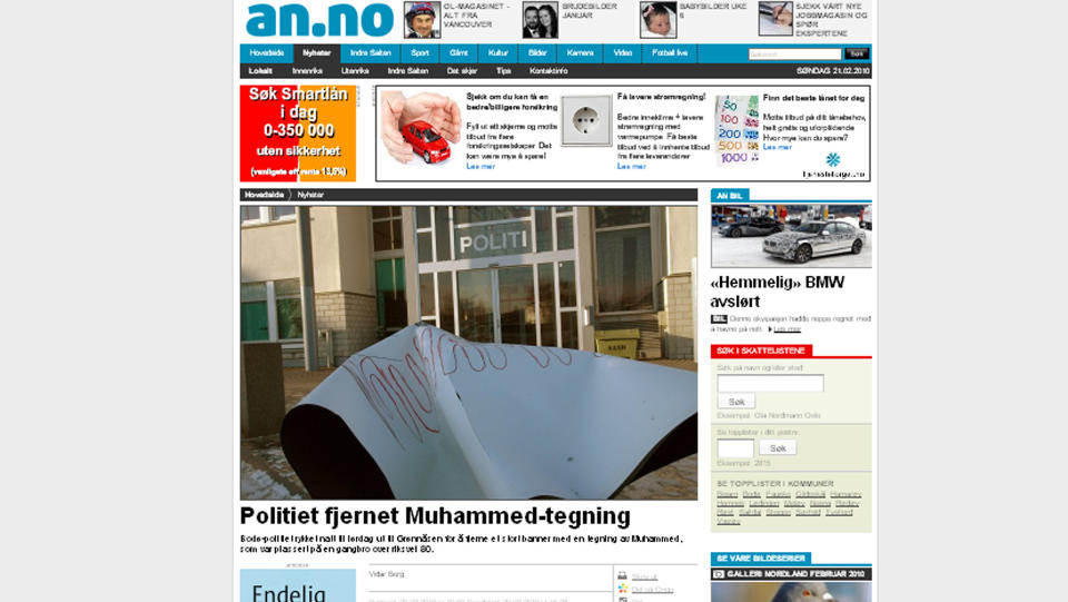 TRYKKET MOHAMMED-TEGNING: I forbindelse med at politiet i Bod� m�tte fjerne et stort banner med en Muhammed-tegning, illustrerte Avisa Nordland saken med bilde av banneret. Dette er et av to. Foto: Faksimile
