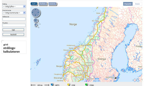 SJEKK STR�LINGEN: Noen tastetrykk eller zooming via kartet gir deg raskt svar p� hvilke mobilsendere som befinner seg der du bor eller ferdes - og gir deg anslag om str�lingen fra disse. NB: Tjenesten er treg i dag pga h�y p�gang.