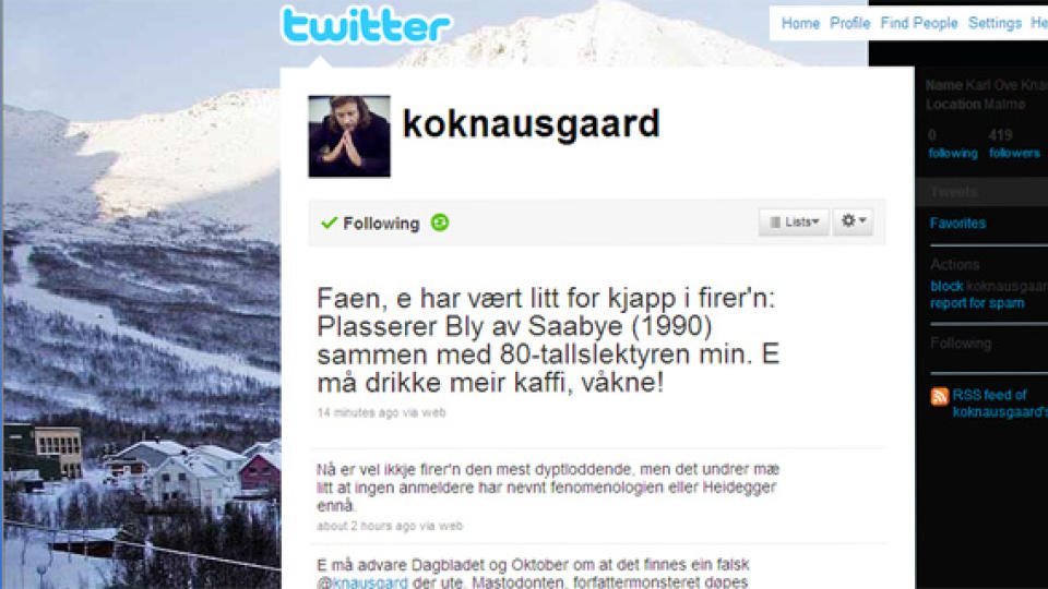 P� TWITTER ... men det er ikke den ekte Knausg�rd kan Forlaget Oktober bekrefte.
