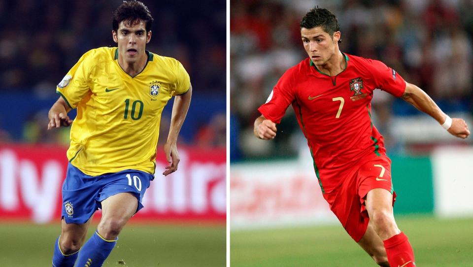 I MILJ�VENNLIGE DRAKTER: Kaka og Cristiano Ronaldos fedreland sl�r et slag for milj�et. Under VM i S�r-Afrika skal fotballstjernene spille i drakter av resirkulert polyester, som igjen stammer fra plastflasker. Foto: Robert Ghement / EPA.