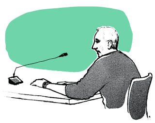 I RETTEN: Erik Andersen sitter p� tiltalebenken i Follo tingrett. Rettstegning: �rjan Jensen