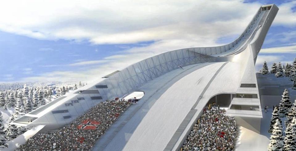 OVARENN OG TRIBUNER: Holmenkollbakken mot s�r�st.  Tegning: JDS arkitekter