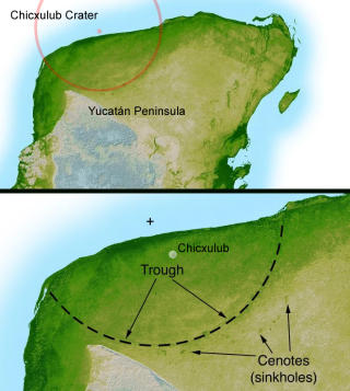 KATASTROFE: Nedslagskrateret Chicxulub p� Yucatan-halv�ya i Mexico har en diameter p� 180 km. En massiv forskergruppe mener dette nedslaget alene drepte dinosaurene for 65 millioner �r siden. Foto: NASA/Wikimedia Commons