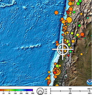 VED KYSTEN: Chile er rammet av flere etterskjelv. Skadene etter dagens skjelv er ikke kjent. Skjermdump: NOAA