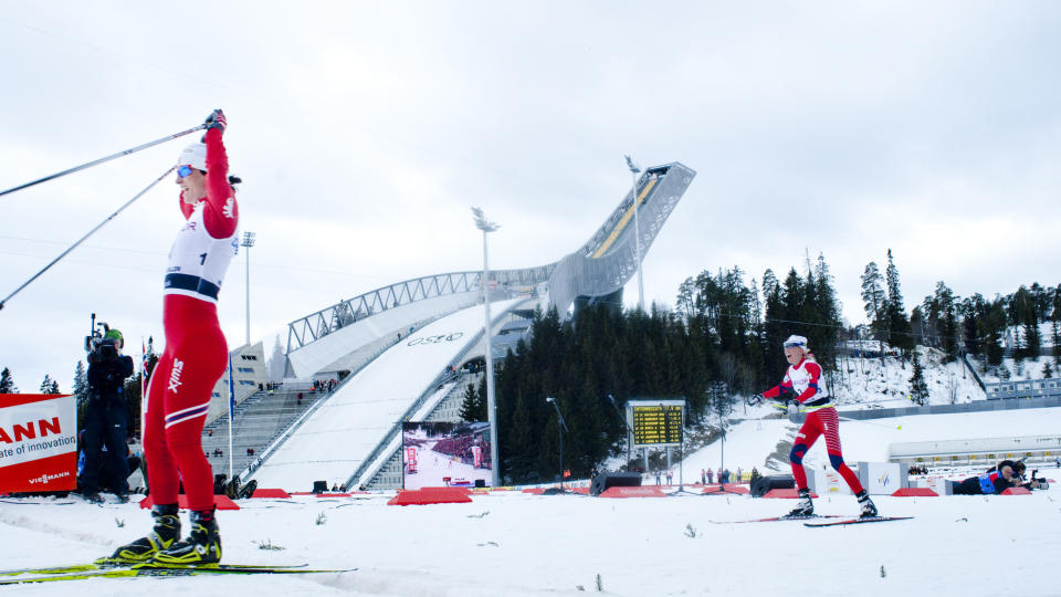 SPURTET BEST: Marit Bj�rgen spurtslo Kristin St�rmer Steira p� oppl�pet i Holmenkollen.Foto: Thomas Rasmus Skaug / Dagbladet