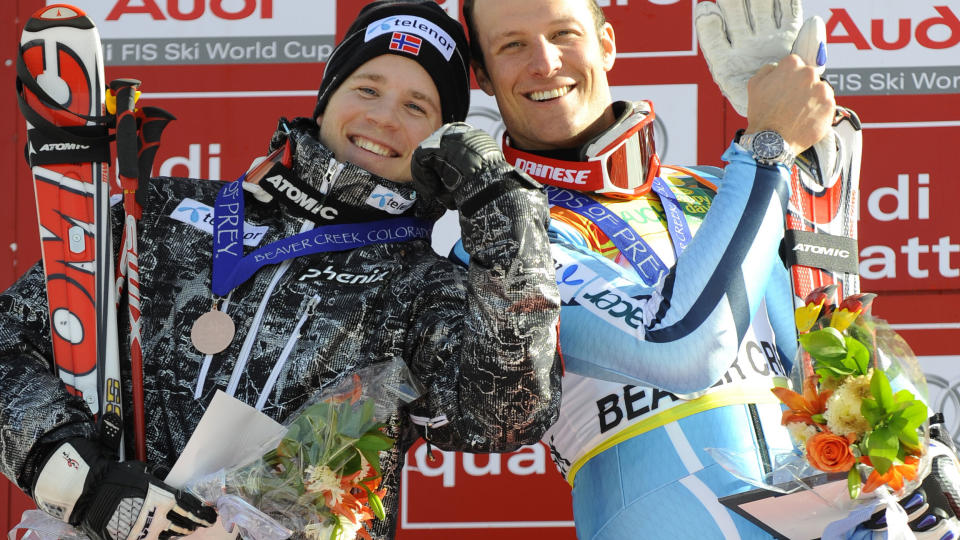UTSL�TT: Norges lag r�k ut allerede i f�rste runde av lagkonkurarnsen i verdenscupen. Her representert ved Kjetil Jansrud og Aksel Lund Svindal. Foto: Emmanuel Dunand / AFP.