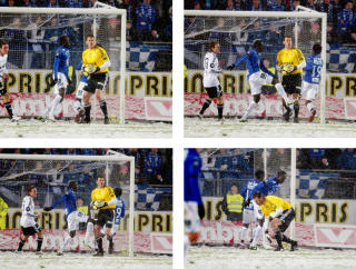 BURDE V�RT UTVIST: Fire bilder satt sammen som viser RBKs keeper Daniel �rlund f�r et kne i siden av Moldes Pape Pate Diouf under eliteseriekampen mellom Molde og Rosenborg i kveld.
Foto: Stian Lysberg Solum / SCANPIX