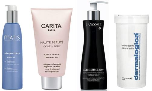HJEMMEPRODUKTER: Fra venstre: Matis Smoothing Cellulite Cream (kr 565), Carita Refining Veil (kr 800), Lanc�me Slimissime (kr 440), Dermalogica Hydro Active Mineral Salts (kr 495), Priori Coffeeberry  Slimming Complex (kr 879). Foto: Produsentene