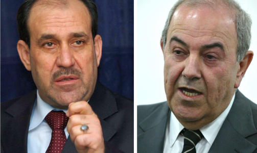 RIVALER: Iraks statsminister Nuri al-Maliki (v.) leder den sjiamuslimske Rettsstaskoalisjonen. Hans argeste konkurrent er landets tidligere statsminster Iyad Allawi som fronter Iraqiya-koalisjonen. Foto: AFP PHOTO/SCANPIX