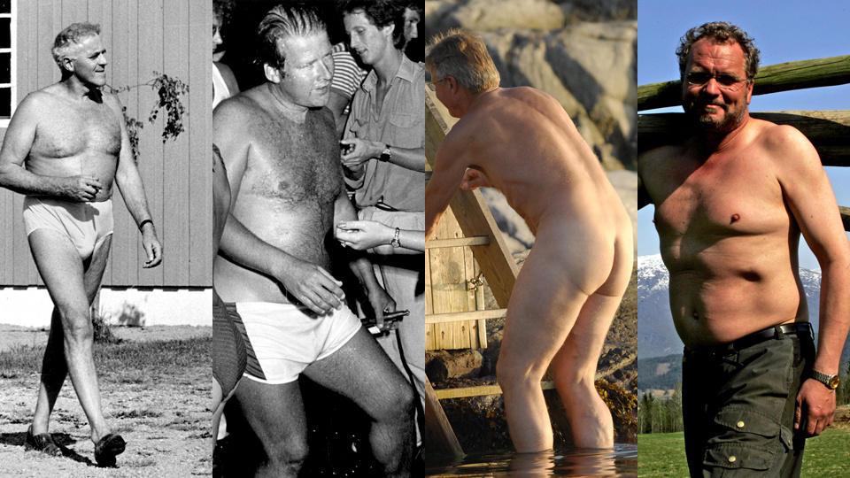 DEN NAKNE SANNHET: Flere politikere har stilt opp relativt lettkledd. Fra venstre: Forhenv�rende statsminister Per Borten (Sp) stilte opp i trusa p� g�rden sin i 1969. Carl I. Hagen (Frp) ble avfotografert noks� avkledd p� badedisco i 1982. Oslo-ordf�rer Fabian Stang (H) tok et nakenbad p� bursdagsfest og ble foreviget. Lars Sponheim (V) tok en borten hjemme p� g�rden i bar overkropp. Foto: �ystein Kleiven/Ole A. Buenget/John Terje Pedersen/Oddmund Lunde