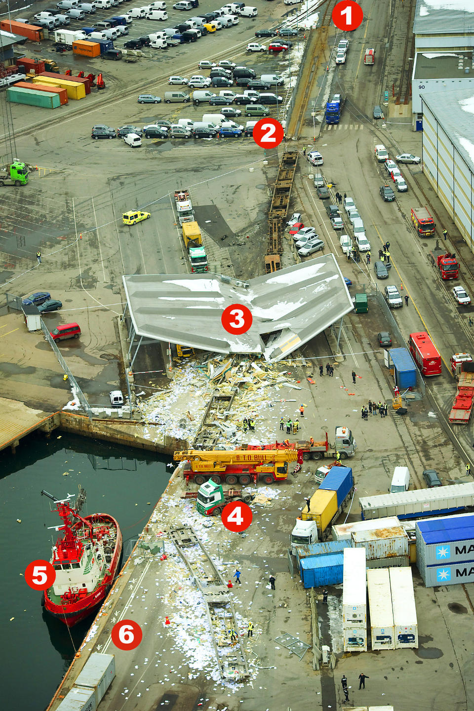 Etter � ha trillet i stor fart gjennom hele Oslo endte godsvognene sin ville ferd her p� kaia ved Sjurs�ya. Foto: Jon Terje Hellgren Hansen