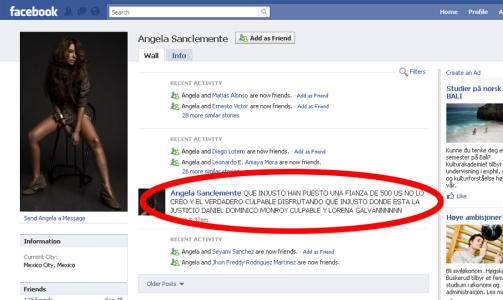 AKTIV P� FACEBOOK: Den siste tida har etterlyste Angie Sanclemente v�rt aktiv p� Facebook. I en melding til CNN skriver hun at hun er uskyldig. Foto: Faksimile av Facebook