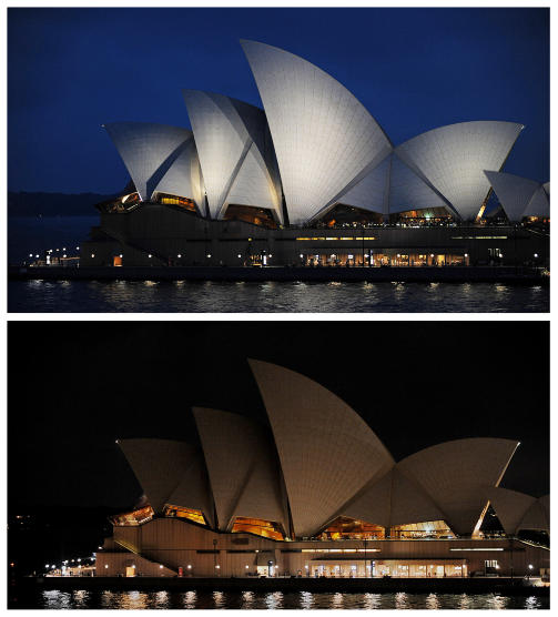 EN M�RK OPERA: Det verdenskjente operabygget i Sydney ble m�rklagt. Foto: AFP