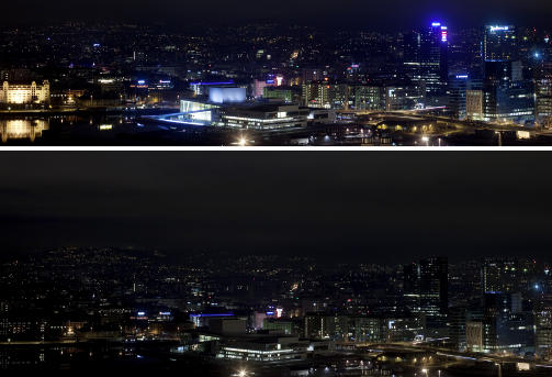 M�RKLA OSLO: Operaen, Postgirobygget og Oslo Plaza fotografert fra Ekeberg under Earth Hour. Over hele verden velger mange � slukke lysene som en symbolsk handling for � f� ned energiforbruket. Foto: Kyrre Lien / Scanpix