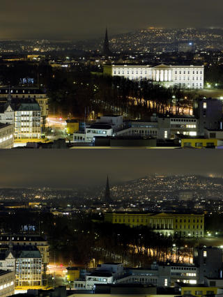 KONGEN SLO AV LYSET: Slottet i Oslo ble m�rklagt under Earth Hour kl. 20.30 l�rdag kveld. Earth Hour er en global kampanje for � skape bevissthet om de menneskeskapte klimaendringene, der deltakerne slukker lyset i �n time mellom klokken 20.30 og 21.30 lokal tid. �rets kampanje st�ttes offisielt av flere enn 4.000 byer i 125 land verden over. Foto: Heiko Junge / Scanpix