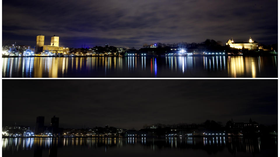 SLO AV OSLO:R�dhuset, Aker Brygge og Akershus festning i Oslo fotografert under �Earth Hour�. Over hele verden velger mange � slukke lysene som en symbolsk handling for � f� ned energiforbruket. Foto: Kyrre Lien / Scanpix