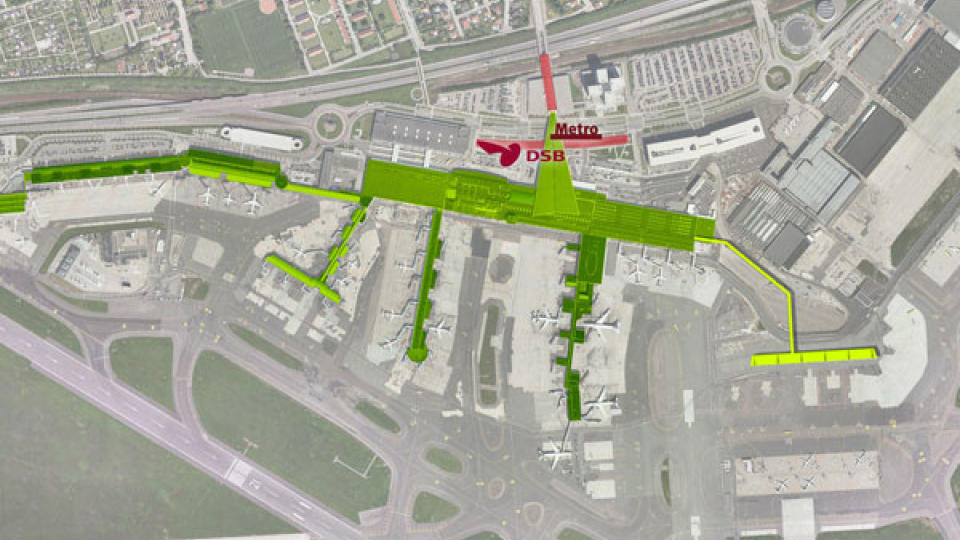 ISOLERT TERMINAL:  Slik blir den nye terminalen for lavpris-selskapene liggende i forhold til resten av flyplassen: Helt isolert og med lange avstander til resten av terminalen. Illustrasjon: chp.dk.