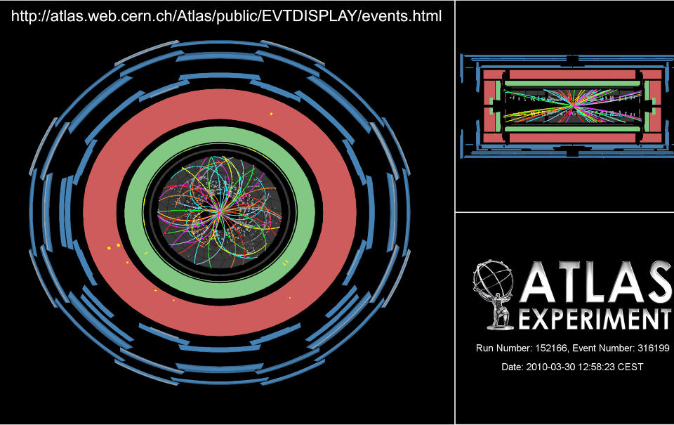 HISTORISK: Den aller f�rste kollisjonen p� rekordenergien 7 teraelektronvolt (TeV) registrert av Atlas-detektoren ved LHC. Foto: CERN