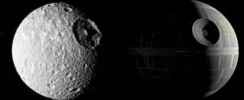 THAT'S NO MOON: Likheten mellom m�nen Mimas og Death Star i �Star Wars IV� er sl�ende, men tilfeldig. Filmen ble laget f�r de f�rste n�rbildene av m�nen forel�. Foto: NASA/Lucasfilm