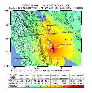  KART:  Skjelvet nord i Mexico skapte kraftige rystelser oevr hele det gule omr�det, episenteret 32 kilometer under overflaten i r�dt. FOTO: USGS/AP/SCANPIX.