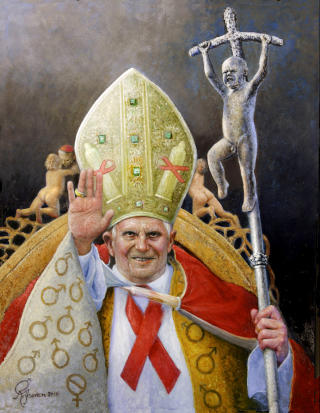 RELIGI�S SATIRE: Her er Rolf Groven siste pek: Pave Benedikt XVI. Legg merke til kardinalen bak til venstre som forgriper seg p� en av englene p� pavens stol.