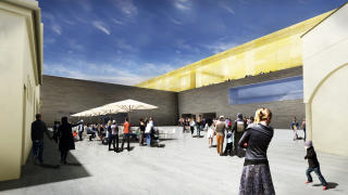 L-FORM: Inngangen til det L-formede �Forum Artis� skal etter planen v�re bak stasjonsbygningene. Foto: DiizGroup, Statsbygg.