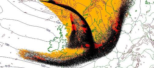 ASKESKY: Meteorologisk institutt har tilgang til beregningsmodeller som tar utgangspunkt i en kilde som sprer partikler (for eksempel en vulkan i utbrudd). Modellen kalles SNAP. Med dette som grunnlag, og med tilgang p� all relevant v�rinformasjon, kan instituttet beregne askeskyens bane de n�rmeste dagene. Slik vil det se ut i morgen fredag 16. april kl 11.
Foto: Meteorologisk institutt / Scanpix