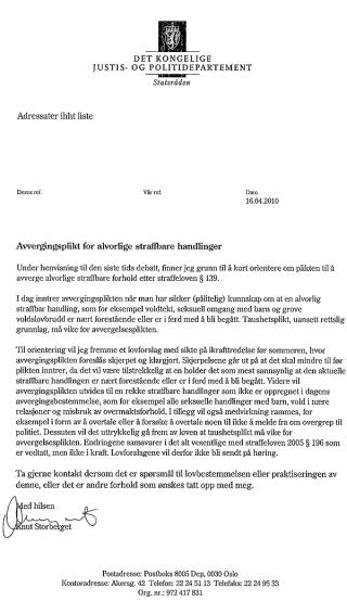 BREV: Dette er brevet Storberget har sendt ut til Den katolske kirke, andre trossamfunn, advokatforeningen, legeforeningen og andre organisasjoner som forbindes med taushetsplikt.