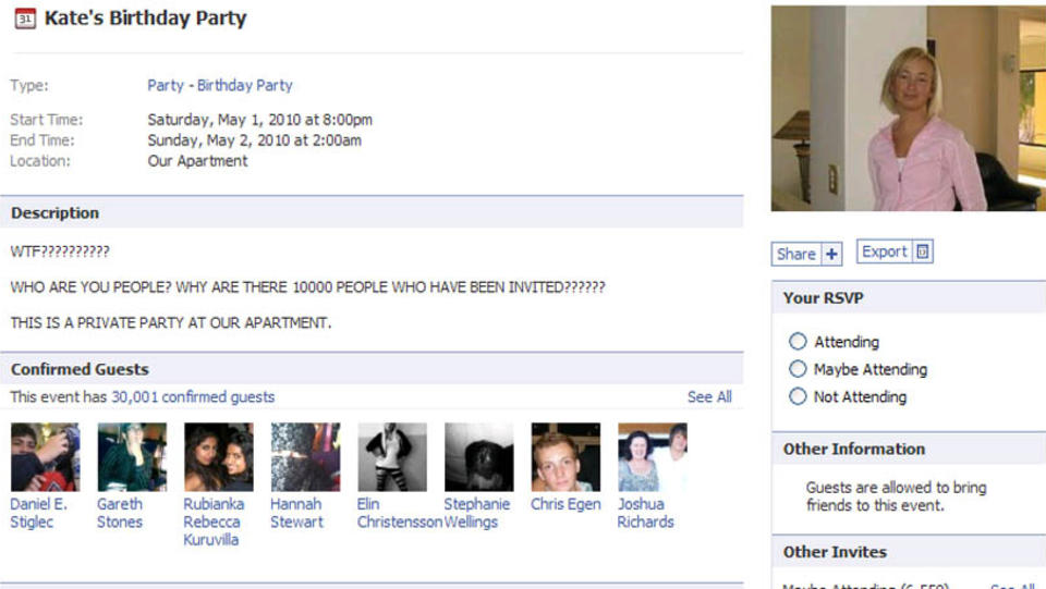 OOOPS: Dette er festen du ikke vil rydde opp etter. 30000 har s� langt meldt seg p�, og det renner inn nye gjester hvert sekund. Faksimile: Facebook