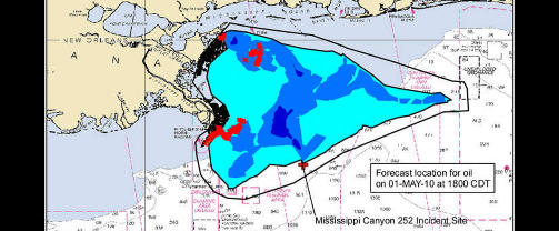 OLJESPREDNINGSPROGNOSENE for i morgen. R�dt angir olje som har truffet land. Vind fra s�r�st vil trolig f�re s�let inn mot kysten i fire stater - fra Louisiana i vest til Florida i �st. Grafikk: NOAA