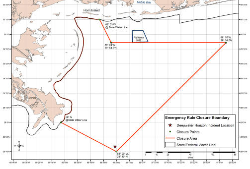 STENGT: Store deler av kysten utenfor Louisiana er stengt for fiske. Grafikk: NOAA