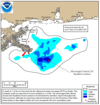 BRES UT: Oljespredningsprognose for perioden 7. til 10. mai. R�dt er olje som trolig har truffet land. Hvitt innenfor den svarte streken er usikre omr�der. Grafikk: NOAA
